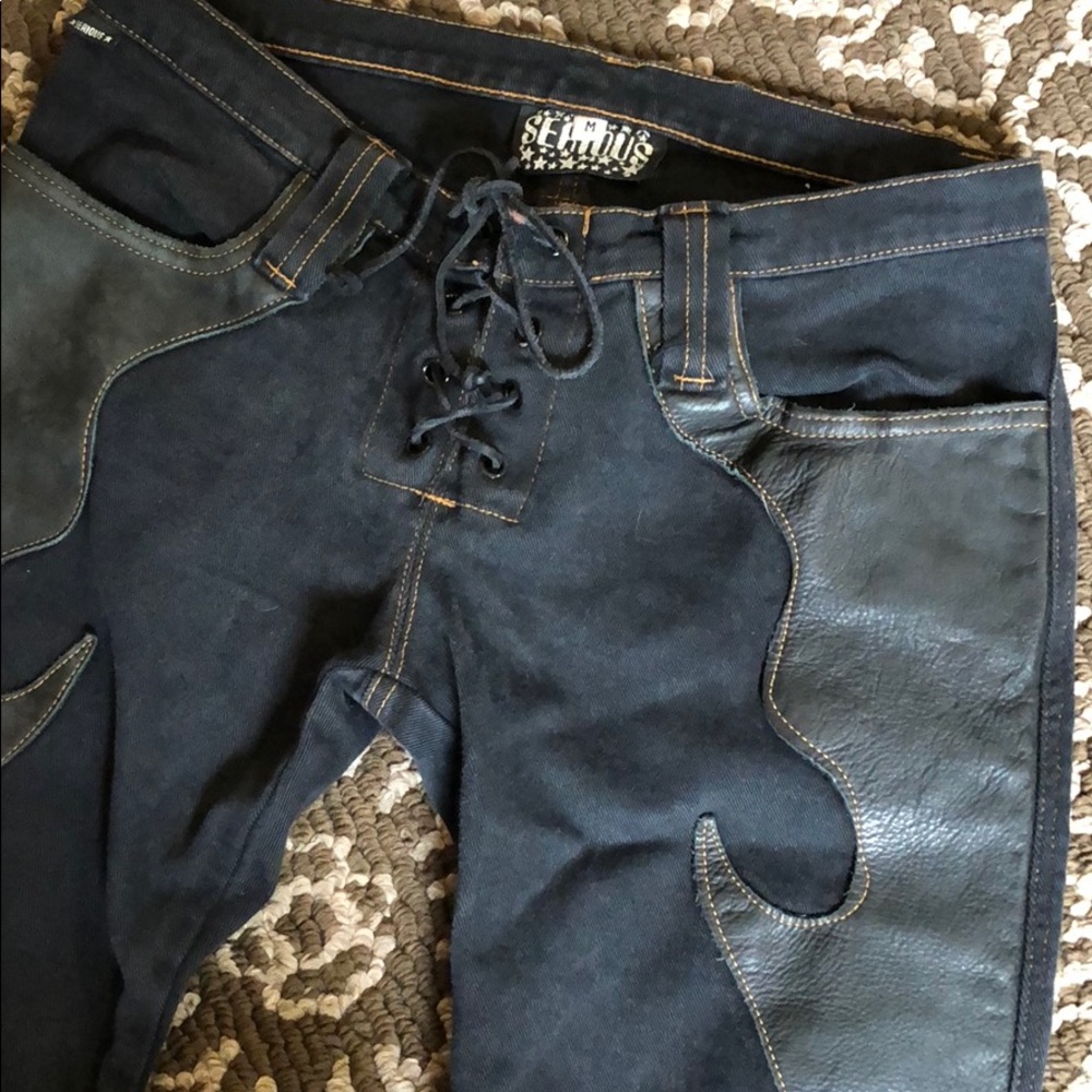 Serious brand dark denim flares w/ leather